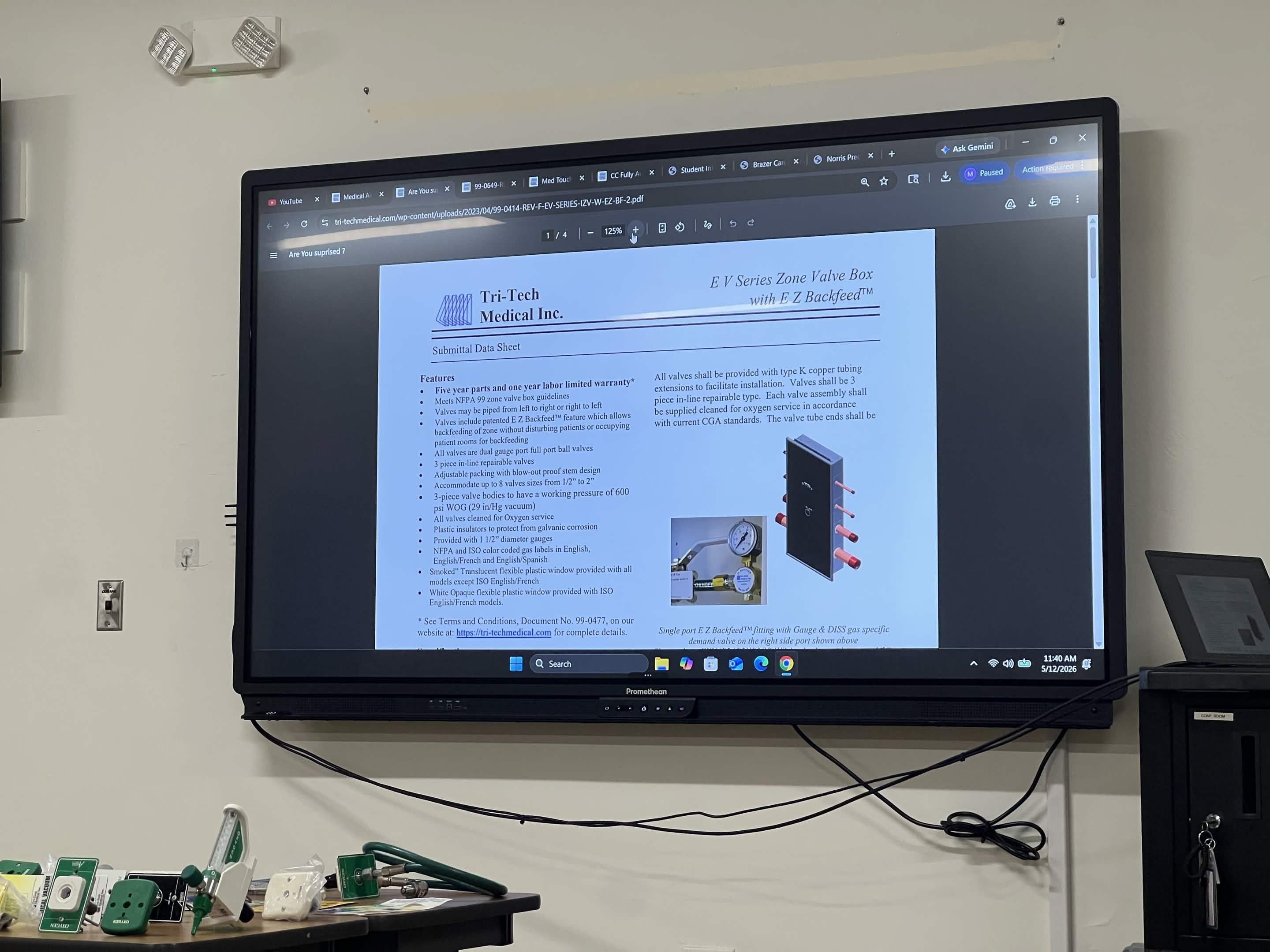 Medical gas classroom slide shown on a wall display