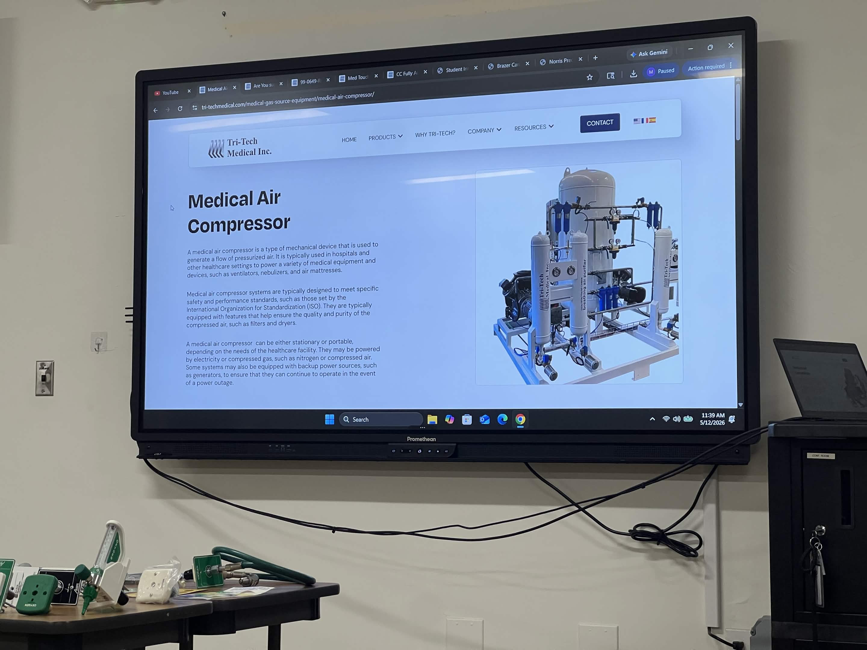 Classroom display showing medical gas course material