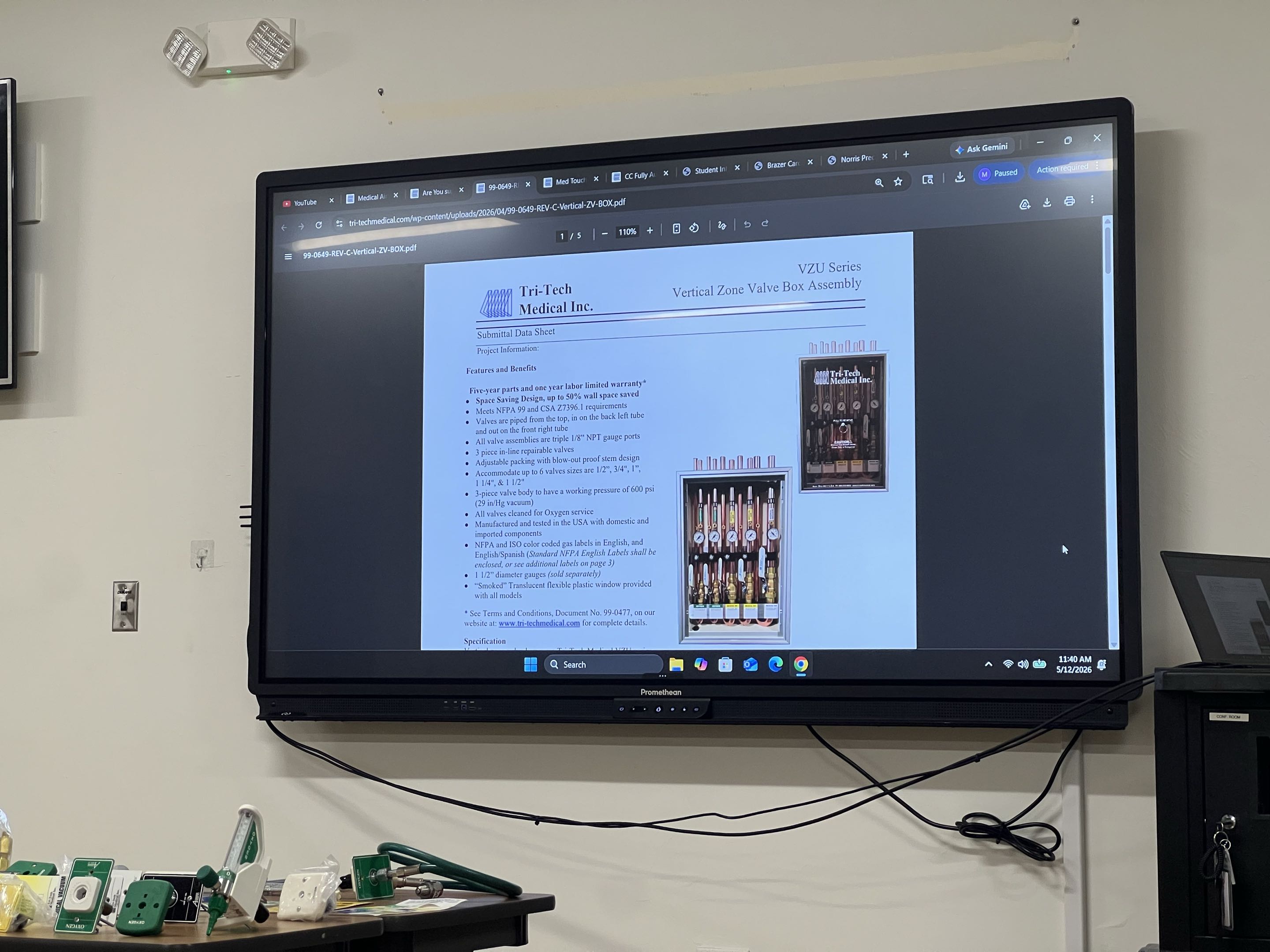 Classroom display showing medical gas inspection course material